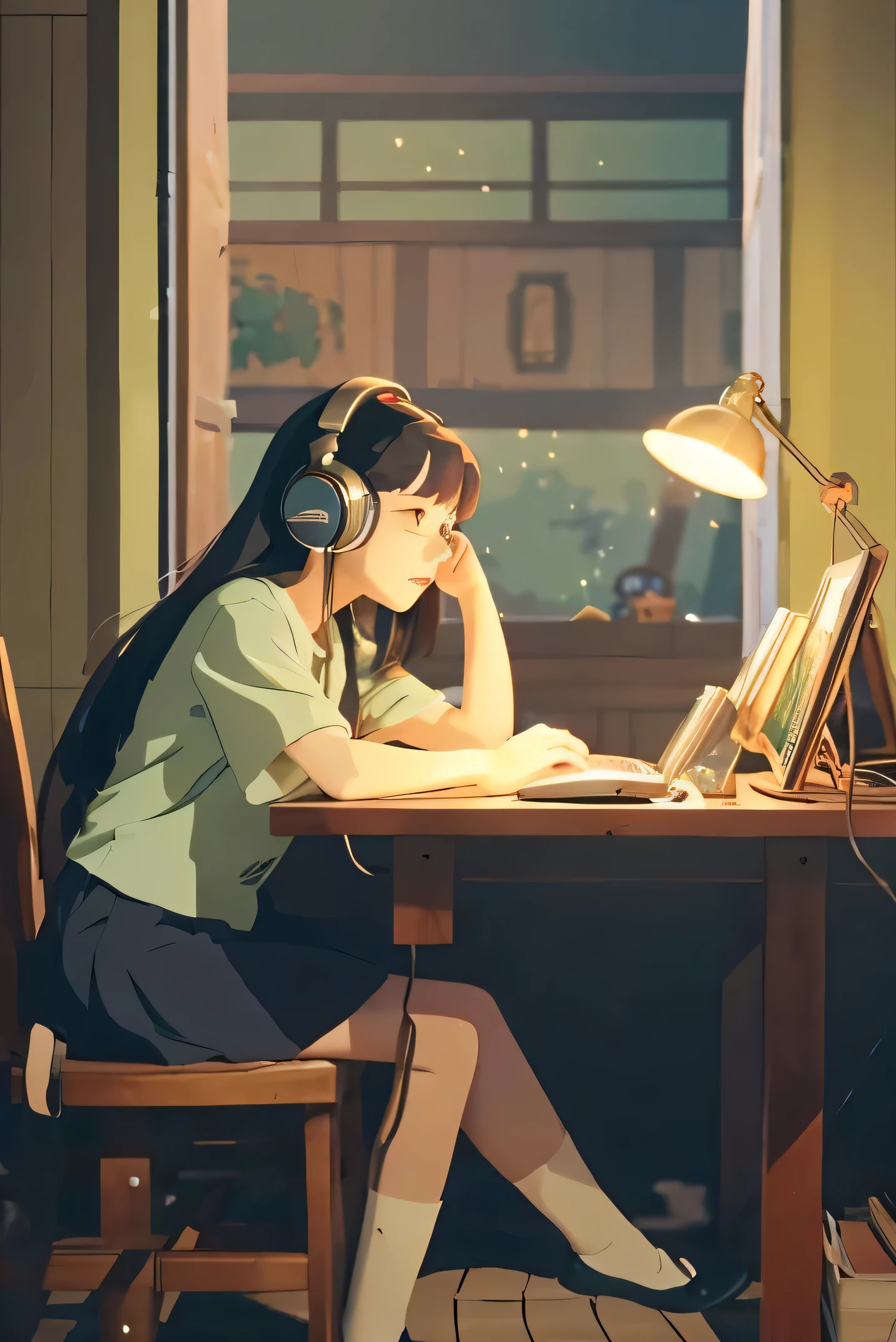 Anime girl wearing headphones sitting at a desk with a cat, praise girl, ghibli anime style style, ghibli studio anime style, praise artstyle, ghibli anime style, Studio Ghibli composition, praise art, Studio Ghibli's animated film, praise, praise colors, studio ghibli anime screenshots, ghibli anime movies, praise feel