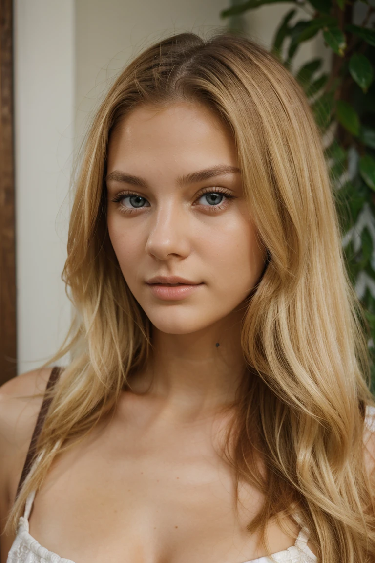 really beautiful 20 year old girl looking directly at the camera, blond hair