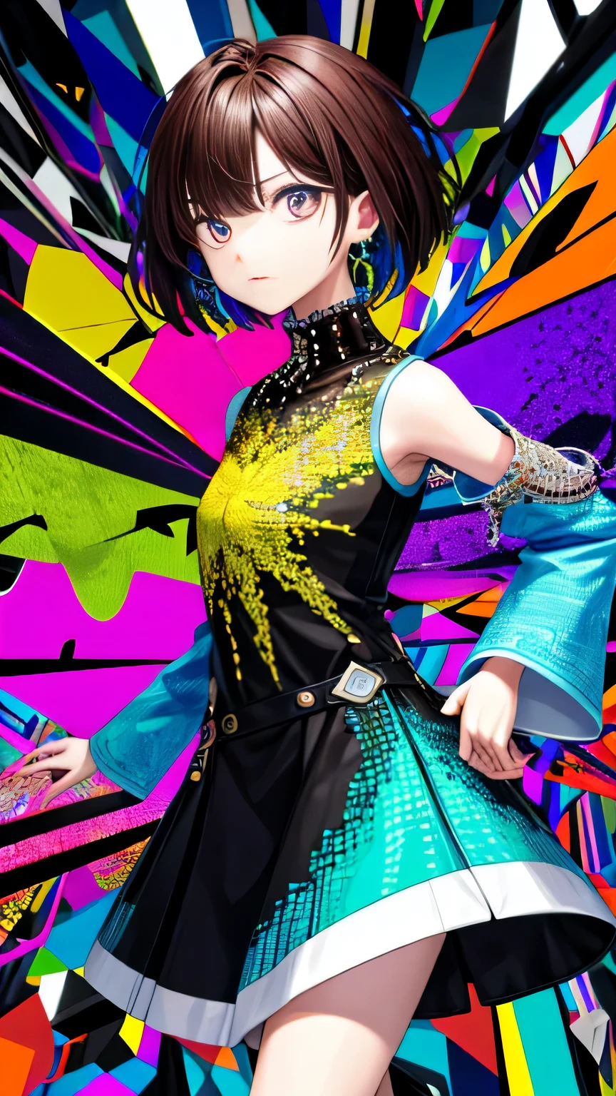 (disorganized, High resolution, super detailed), (1 girl:1.3), short hair, break , glitch art, digital distortion, pixelated fragment, Data corruption, colorful noise, visual chaos, contemporary aesthetics break , enamel art, glass-like surface, Bright colors, glossy finish, reflective texture, rich pigments, fluid forms break , ethnic style,, vivid pattern, beaded jewelry, artisan accessories、whole body、uniform、(long narrow eyes:1.5)、brown hair
