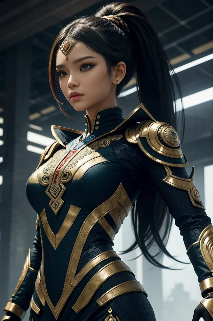 An Indonesian-styled futuristic suit worn by a girl depicting cultural fusion and modern fashion. The suit is adorned with intricate patterns and vibrant colors, showcasing the rich heritage of Indonesia. The girl stands confidently in a dynamic pose, with her detailed eyes reflecting determination and curiosity. The suit's material is a combination of traditional textiles and futuristic synthetic fabrics, giving it a unique and avant-garde appearance. The overall image quality is of the highest standard, with sharp focus and ultra-detailed rendering. The artwork employs physically-based rendering techniques, resulting in realistic lighting and shadows. The colors are vivid and vibrant, capturing the essence of Indonesian cultural aesthetics. The background features a fusion of modern architecture and traditional elements, creating a harmonious blend of the past and the future. The prompt explores the intersection of Indonesian culture, futuristic design, and the artistic representation of a confident girl.