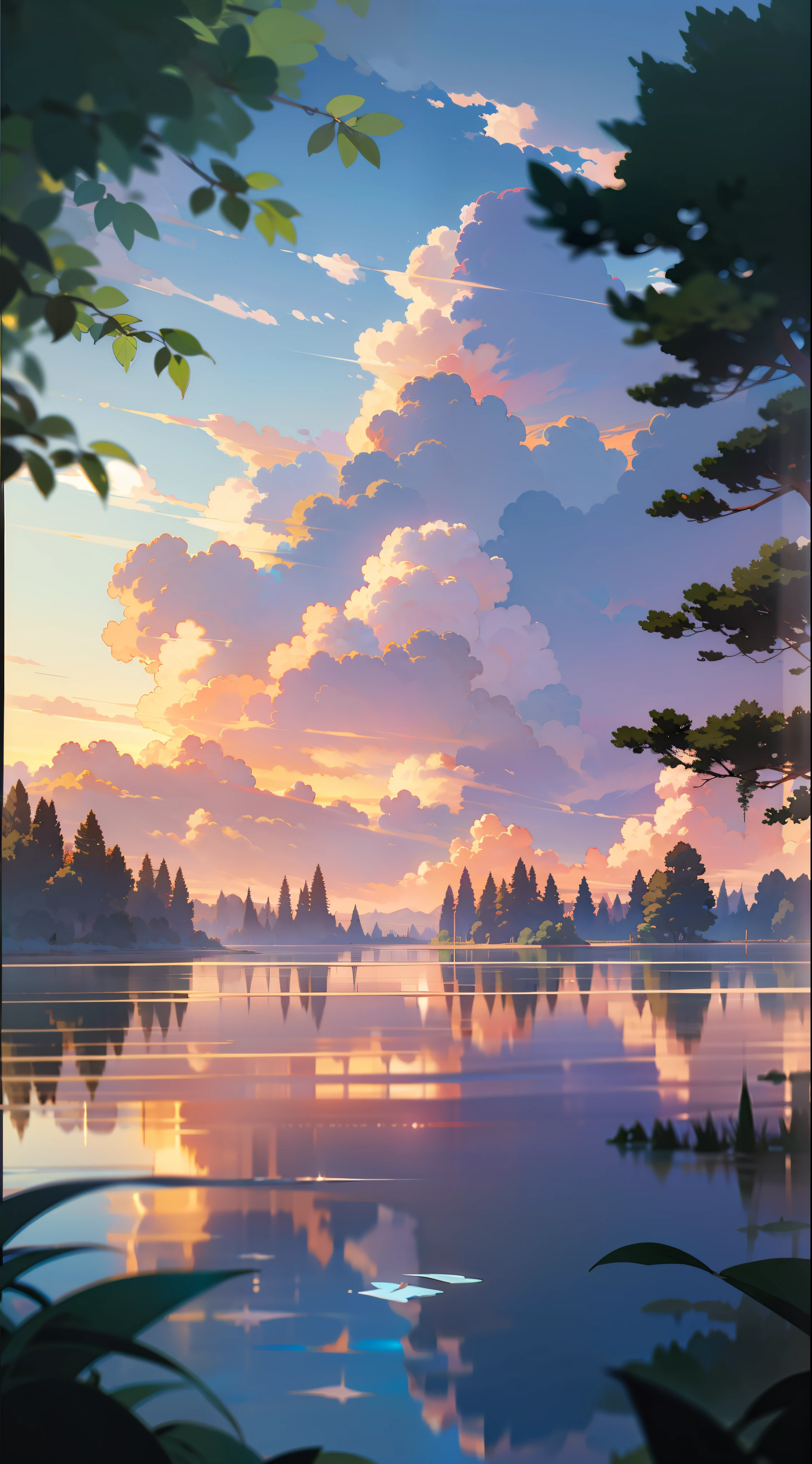 wallpaper, summer, lake, dawn, forest, detailed forest, cloud, masterpiece, cinematic, soft light, depth of field, Ray tracing, reflection in water, realism, Super detailed,