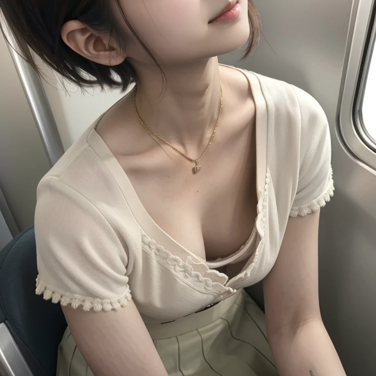 best quality, ultra high res, 8K, RAW photo ,cute school girl, japanese, solo, (((flat chest))),downblouse, small breasts, voluptuous, cute detailed bra with embellishments,overlap shirts,(high resolution detail of human skin texture), short hair,necklace ,siiting,leaning over, from above ,slender ,in train