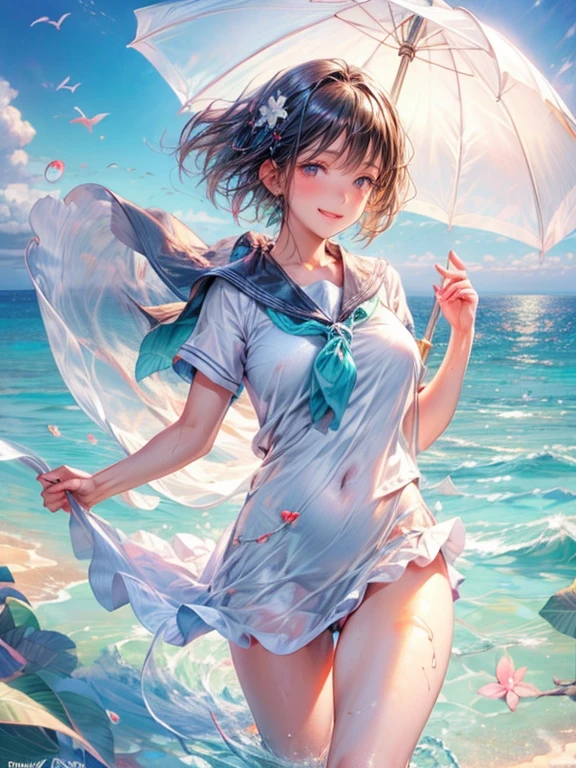 (best quality,4k,8k,highres,masterpiece:1.2),ultra-detailed,(realistic,photorealistic,photo-realistic:1.37), HDR,studio lighting,ultra-fine painting,sharp focus,physically-based rendering,extreme detail description,professional,vivid colors,bokeh,sea beach,crashing waves,cute girl playing in the water,Japanese high school girl,short bob, Fresh and vibrant atmosphere,bright sunshine,cool ocean breeze,sandy shore,playful laughter,floating swim ring,clear turquoise water,wet footprints,sun-kissed skin,glistening droplets of water,joyful splashing,sandy playfulness,seagulls soaring in the sky,seashells scattered on the sand,salt spray,a carefree moment captured,lively energy,wet school sailor uniform,summer vacation vibes,beach umbrella,tranquil scene,enjoying the summer,peaceful horizon beyond the water,relaxation and fun in the sun,memorable beach adventure.
