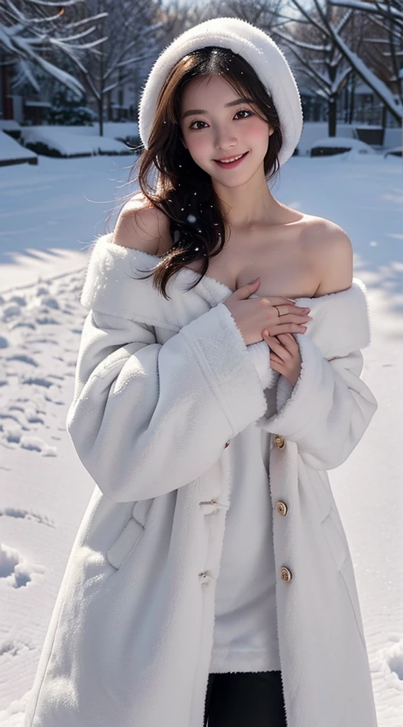 The girl covered her chest with both hands, Strategically cover your chest,Medium Boob,Cover your chest with your fingers,Bare shoulders,Outside,Heavy snowfall,Thick fur cape,Cover with snow、Simple costumes、feater、Coat with fur、fur-coat、barechested、Pubic hair shows through、a smile, lie at snow