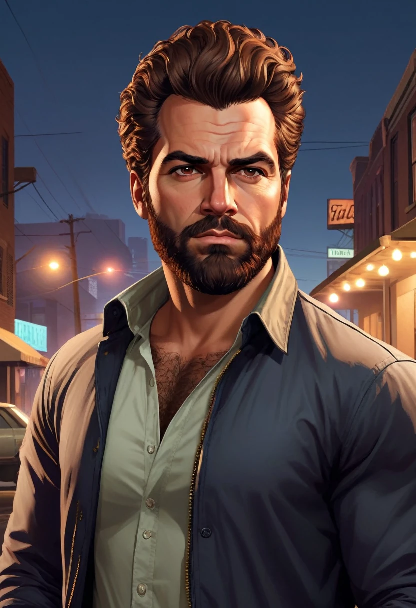(Estilo GTA:1.5),o fundo Noite da comunidade muito pobre e suja,homem jovem de 35 anos corajoso com cabelo messy pomp castanho, with a beautiful brown beard looking and very strong at the camera from afar dressed in a very simple and humble outfit.