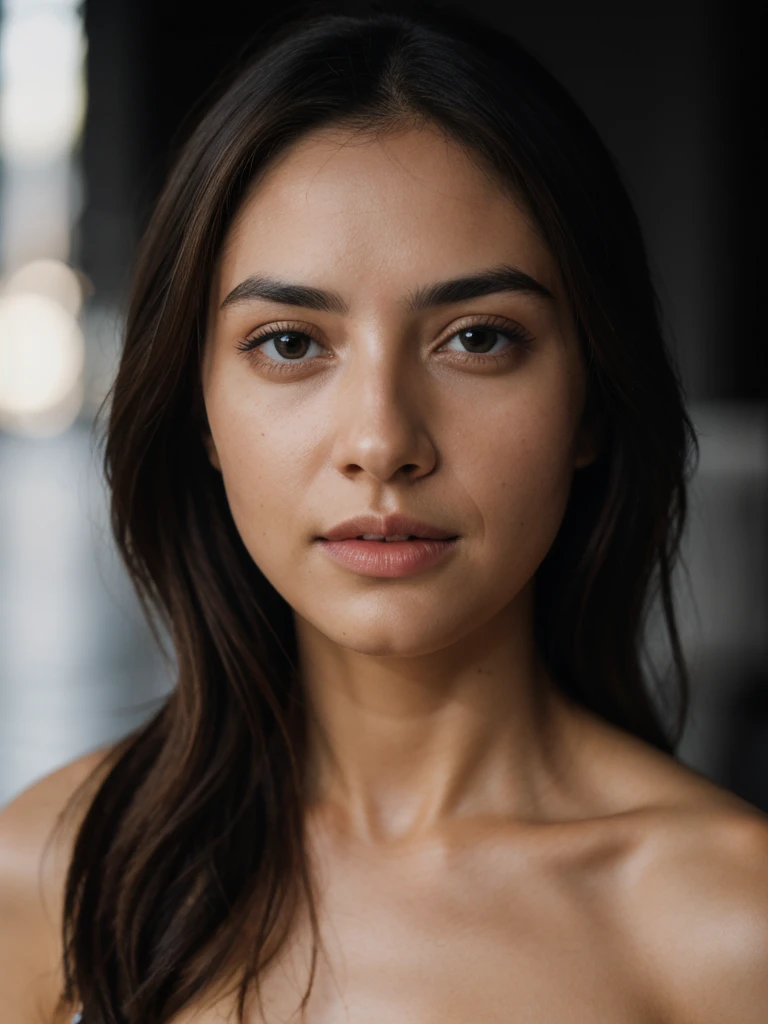 an ultra realistic portrait photo in 4k of a woman with details on the contrast and naked, fine type with brownish black hair