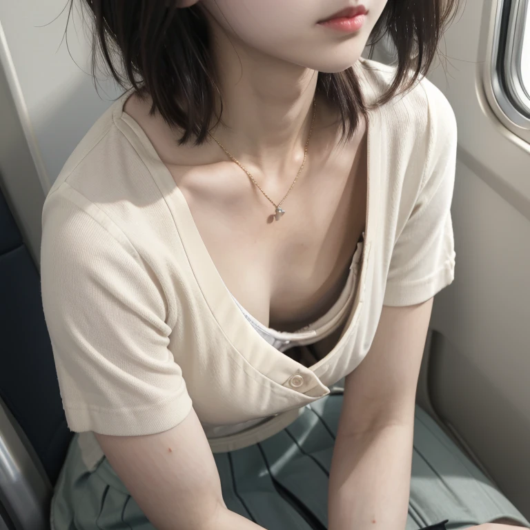 best quality, ultra high res, 8K, RAW photo ,cute school girl, japanese, solo, (((flat chest))),downblouse, small breasts, voluptuous, cute detailed bra with embellishments,overlap shirts,(high resolution detail of human skin texture), short hair,necklace ,siiting,leaning over, from above ,slender ,in train