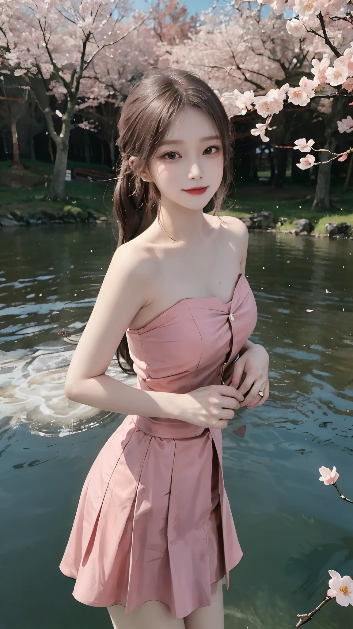 masterpiece,real photos,(solo) Real light and shadow，HDR backlight，Contour light，Shallow depth of field，reddish brown long straight hair，Elegant Chinese beauty,smile,Dancing by the lake, Wearing a strapless cardigan dress，The light reflects on her skin，The breeze blew her face，Surrounded by cherry blossom trees，petals flying everywhere，The skirt is flying and rhythmic， wild-angle view