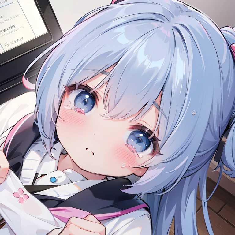 1male, Black Hair,Short Hair,young man,faceless,1girl, Blue Hair, Twin tails, Hair between the eyes, hair bow, eyebrows visible through hair,{{cunnilingus}}, lick vagina, male tongue,