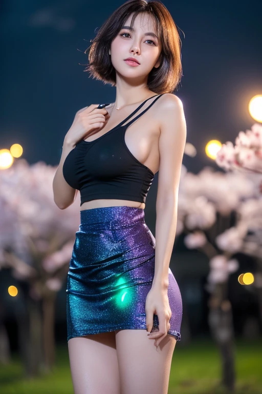 (((masterpiece:1.4, highest quality:1.4, 8K, ultra high resolution, Physically based rendering))), full body portrait, super beautiful sexy woman, perfect style body, 24-years-old, (fine big eyes), fine thin eyebrows, eye highlights, (dark brown half up hair, hair behind the ear), Highly detailed face and skin texture, clear focus:1.2, Slender beauty:1.4, ((huge beautiful breasts:1.7, exposed chest)), slim abs:1.1, tight waist:1.2, clear facial features, (no makeup), ((( Black shirt showing nipples:1.4, underboob:1.2))), (((Metallic Holographic Purple High Waist Pencil Mini Skirt, skirt lift:1.6, long and beautiful legs))), (transparent black knee high stockings), ((No panties)), (((Detailed beautiful pussy exposed:1.4, pubic hair:1.5, cum in pussy:1.5, Cloudy liquid drips from the pussy to the thighs))), put your hands on your head, (lift her chin:1.2, open your mouth), (from below), (looking at the viewer:1.1), (smile:1.2), (spread your legs wide, facing forward), ((The best time to see cherry blossoms at night:1.4, SakuraFubuki:1.4, Scattering cherry blossoms, Standing in the middle of cherry blossoms in full bloom:1.8, shine of street lights:1.5)), ((Glowing particles dancing in the night sky:1.4, incredible sky:1.2)),