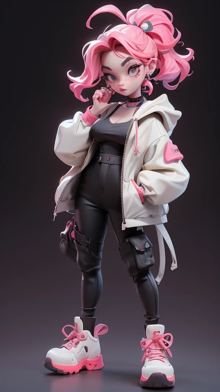 a woman&#39;s, (Full body female love) Red hooded shirt with neon orange details, purple hair color hair, brown eyes, black pants, (Estremo details), delicate face, Gloomy air, looking at the audience, Chibi, Fluorescent translucent sports fashion trend clothing, Wear skate shoes, Candy colors, Simple bright background, 3D toys, cyberpunk style, 4D cinema, Presented by Octane,16K,sense of technology, 3d model, Collectible Toys,Nendoroid,Street style,Produced by Pixar,big shoes , Uptrend, Close-up cleavage, Full body - AR 3:4 --q 2 50 --more 5 --more 5 --s 100 --Style Expression--s 2