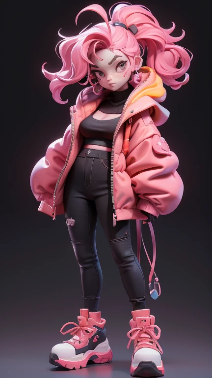 a woman's, (Full body female love) Red hooded shirt with neon orange details, purple hair color hair, brown eyes, black pants, (Estremo details), delicate face, Gloomy air, looking at the audience, Chibi, Fluorescent translucent sports fashion trend clothing, Wear skate shoes, Candy colors, Simple bright background, 3D toys, cyberpunk style, 4D cinema, Presented by Octane,16K,sense of technology, 3d model, Collectible Toys,Nendoroid,Street style,Produced by Pixar,big shoes , Uptrend, Close-up cleavage, Full body - AR 3:4 --q 2 50 --more 5 --more 5 --s 100 --Style Expression--s 2