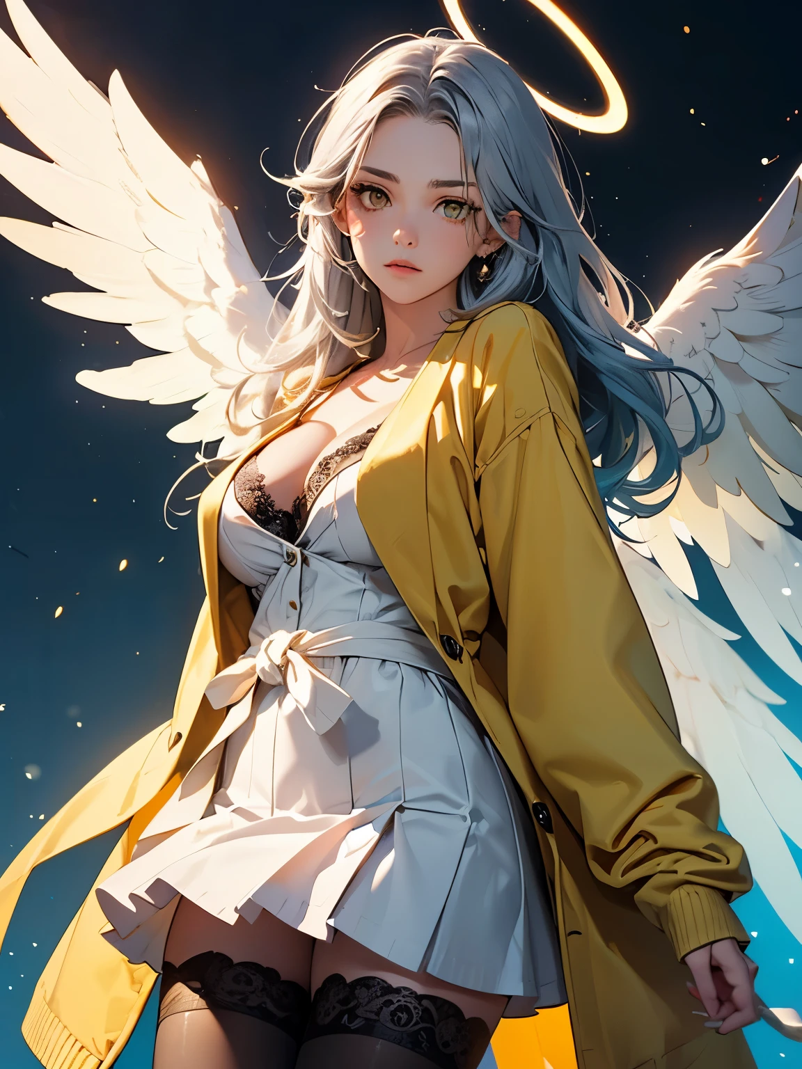 (masterpiece, best quality:1.3), (Super detailed:1.3), 1 girl, alone, (silver blue hair, messy hair, long hair), (Colorful angel wings), (Colorful Angel Halo), Big breasts, yellow eyes, (White shirt, waist cardigan, Reveals lace lingerie, Aqua coat, convertible long coat, Roll up sleeves, Dark blue skirt, Stockings), Cowboy shooting, movie lighting, (((glowing light particles))), (Put your arms behind your back), Dynamic angle,