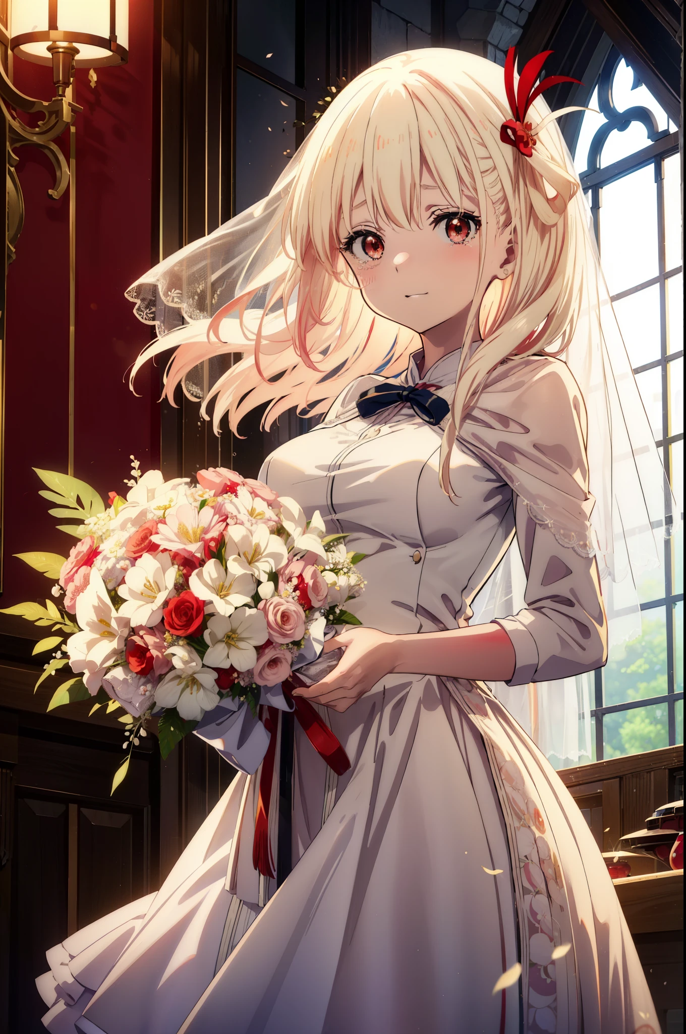 chisatonishikigi, Chisato Nishikigi, long hair, bangs, blonde hair, (red eyes:1.5), tears run down her face,Crying with joy,blush,smile, open your mouth,Wedding dress,veil,Wedding Skirts,bouquet,bouquetトス,holding a large bouquet of flowers in both hands,
break indoors, church,chapel,
break looking at viewer, (cowboy shot:1.5),
break (masterpiece:1.2), highest quality, High resolution, unity 8k wallpaper, (figure:0.8), (detailed and beautiful eyes:1.6), highly detailed face, perfect lighting, Very detailed CG, (perfect hands, perfect anatomy),