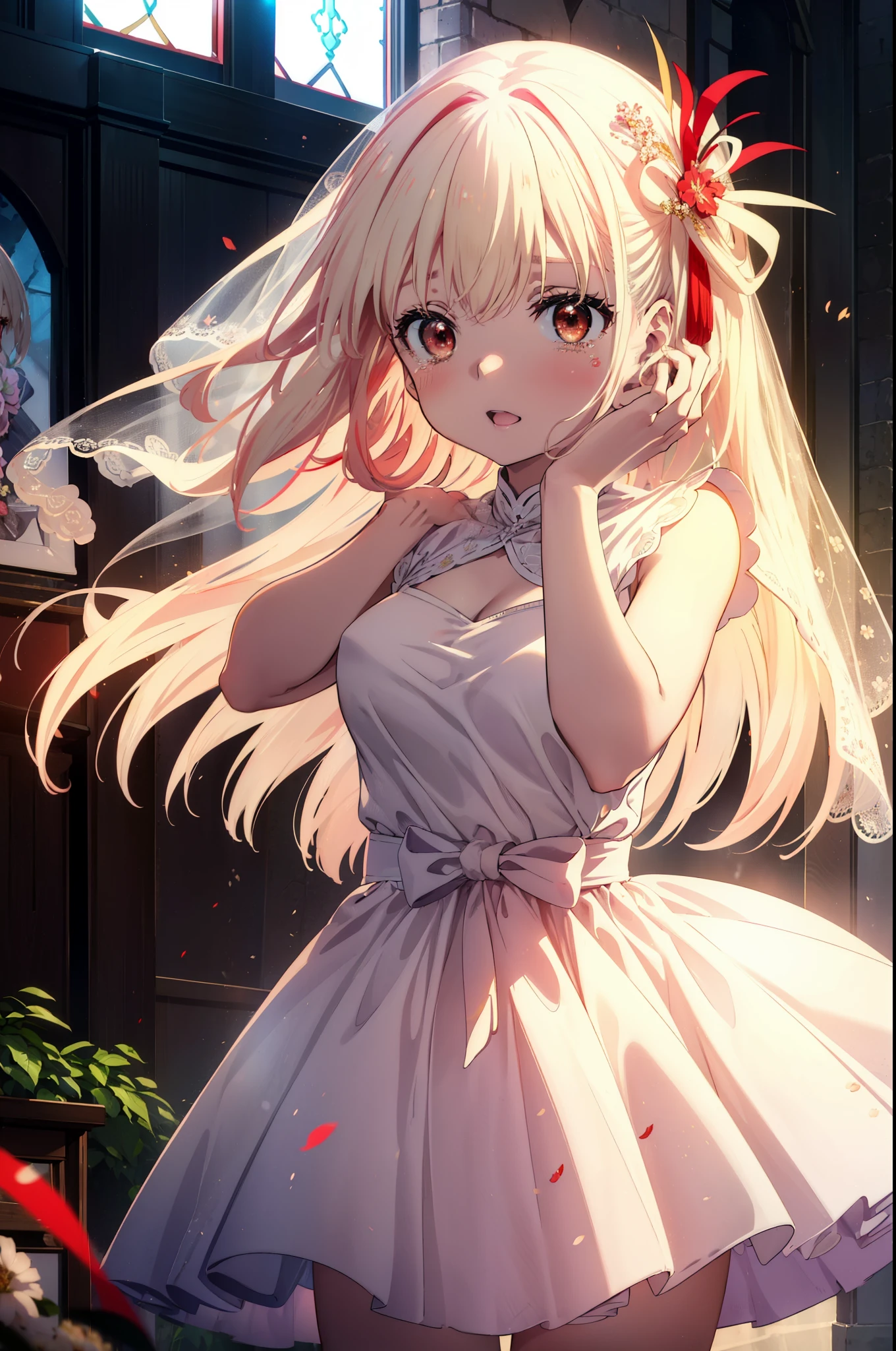 chisatonishikigi, Chisato Nishikigi, long hair, bangs, blonde hair, (red eyes:1.5), tears run down her face,Crying with joy,blush,smile, open your mouth,Wedding dress,veil,Wedding Skirts,bouquet,bouquetトス,holding a large bouquet of flowers in both hands,
break indoors, church,chapel,
break looking at viewer, (cowboy shot:1.5),
break (masterpiece:1.2), highest quality, High resolution, unity 8k wallpaper, (figure:0.8), (detailed and beautiful eyes:1.6), highly detailed face, perfect lighting, Very detailed CG, (perfect hands, perfect anatomy),