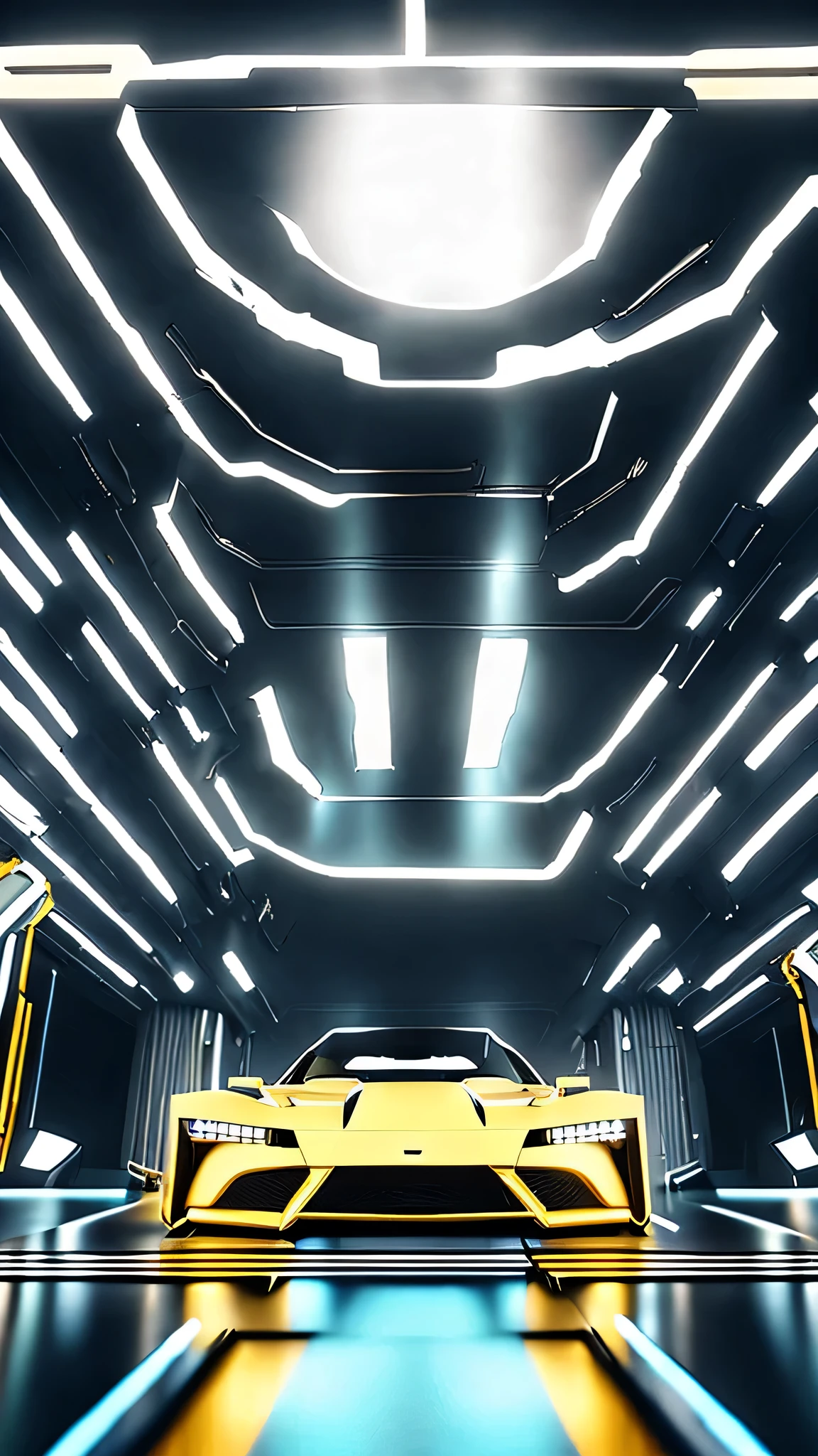 Arafed driving down a city street in the background, (Cyberpunk 2077), cyberpunk car, in Cyberpunk 2077, style of cyberpunk 2 0 7 7, Cyberpunk 2077 color yellow and black, 4 spotlights and a machine gun on the roof, oversized wheel