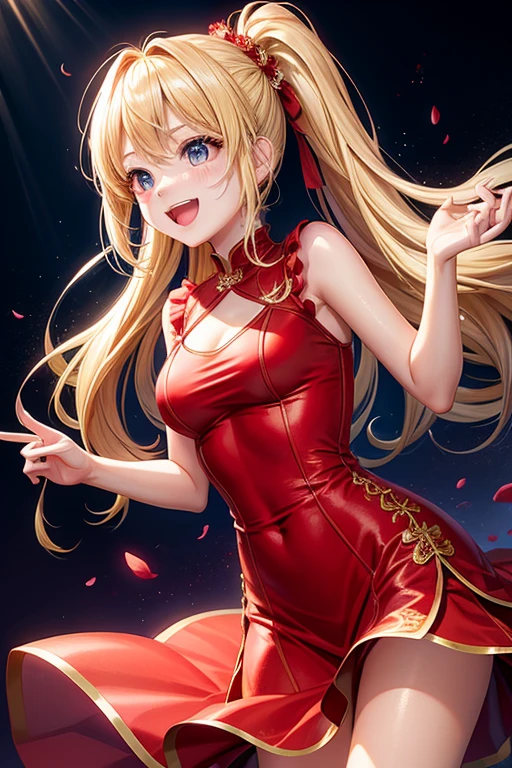 1 girl, highest quality、cinematic lighting、(blonde long)、(Red Mini Dress)、 venue、laughter、