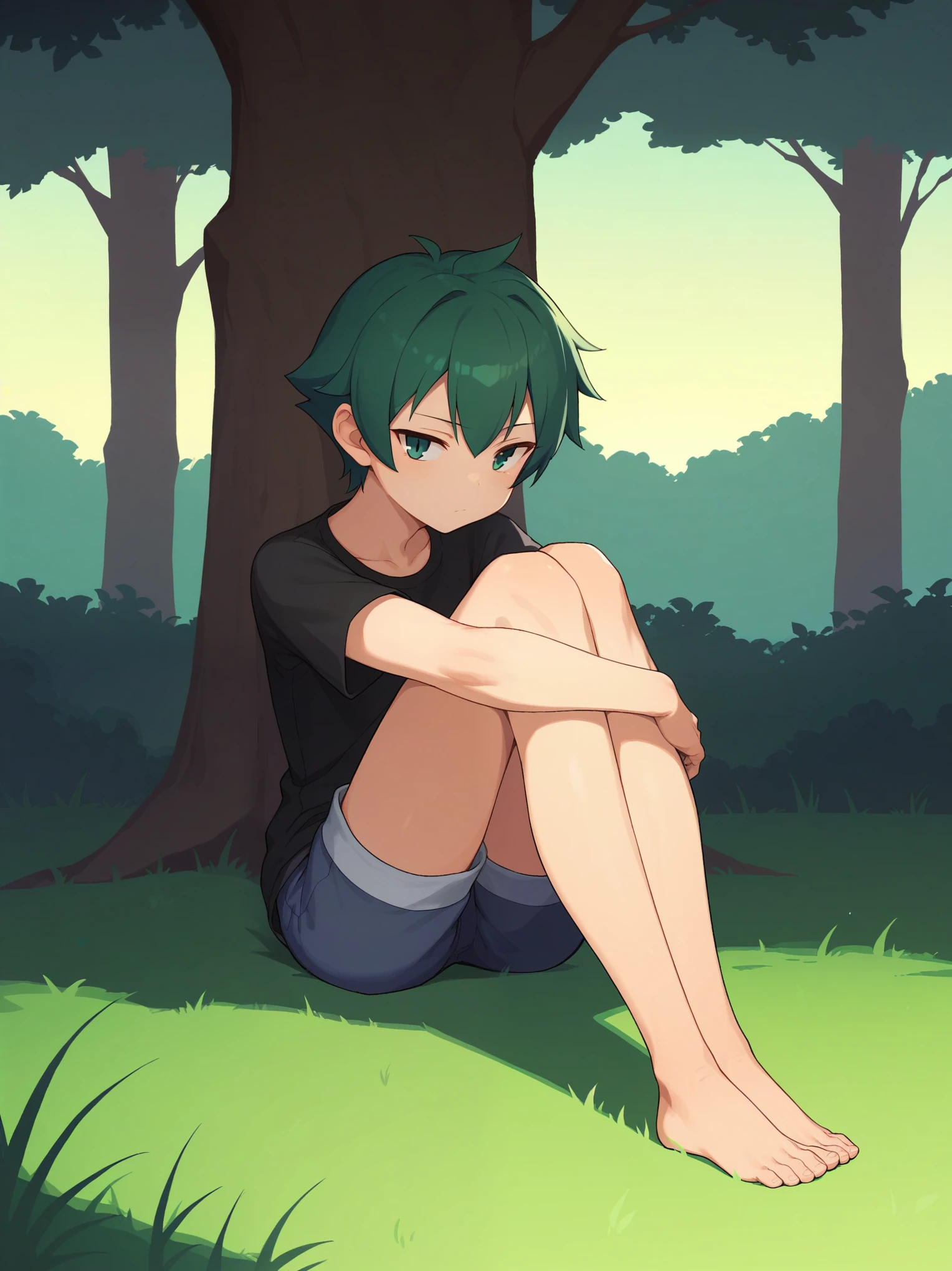 score_9,score_8_up,score_7_up, BREAK, 1 girl, solo, kino, kino no tabi, kinos journey, shorts, black top, expressionless, bored, dull, sitting, outdoors, legs crossed, grass, forest, closeup, tomboy, face focus, face closeup, sunset, evening (time), evening