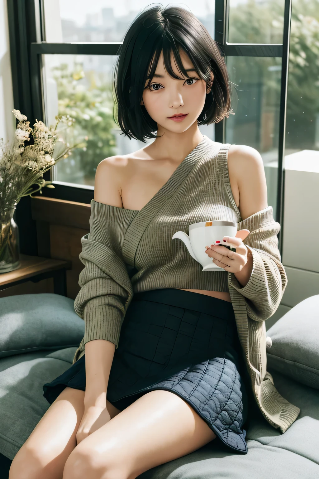 (High Definition),One Girl, Japan Person, Cute, Black Hair Short, wearing Ribbed Knit Drop Shoulder Cardigan, (Flap Pocket Wrap Hem Quilted Skirt:1.2), leaning on cushions at bedroom, spread legs, looking side glance, (A cup of tea:1.2), Natural light:,