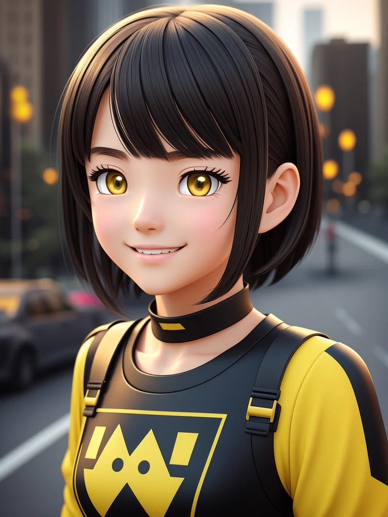 Young girl, a cartoon character dark yellow outfit, expression with ((melancholic smile)), (dark hair up to shoulder), (yellow eyes), stylized character, animation character, stylized 3d render, 3d character, highly detailed character, stylized anime, stylized 3d, render character, character model, closeup, maximum quality, walking in the city