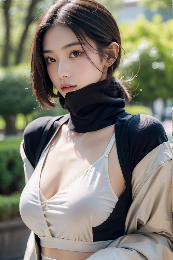 individual,young girl,23 years old, fine hair, Detailed faces, full figure,Long hair tied up,full, Short hair details,Green winter clothing, model,snack, Sexy breasts