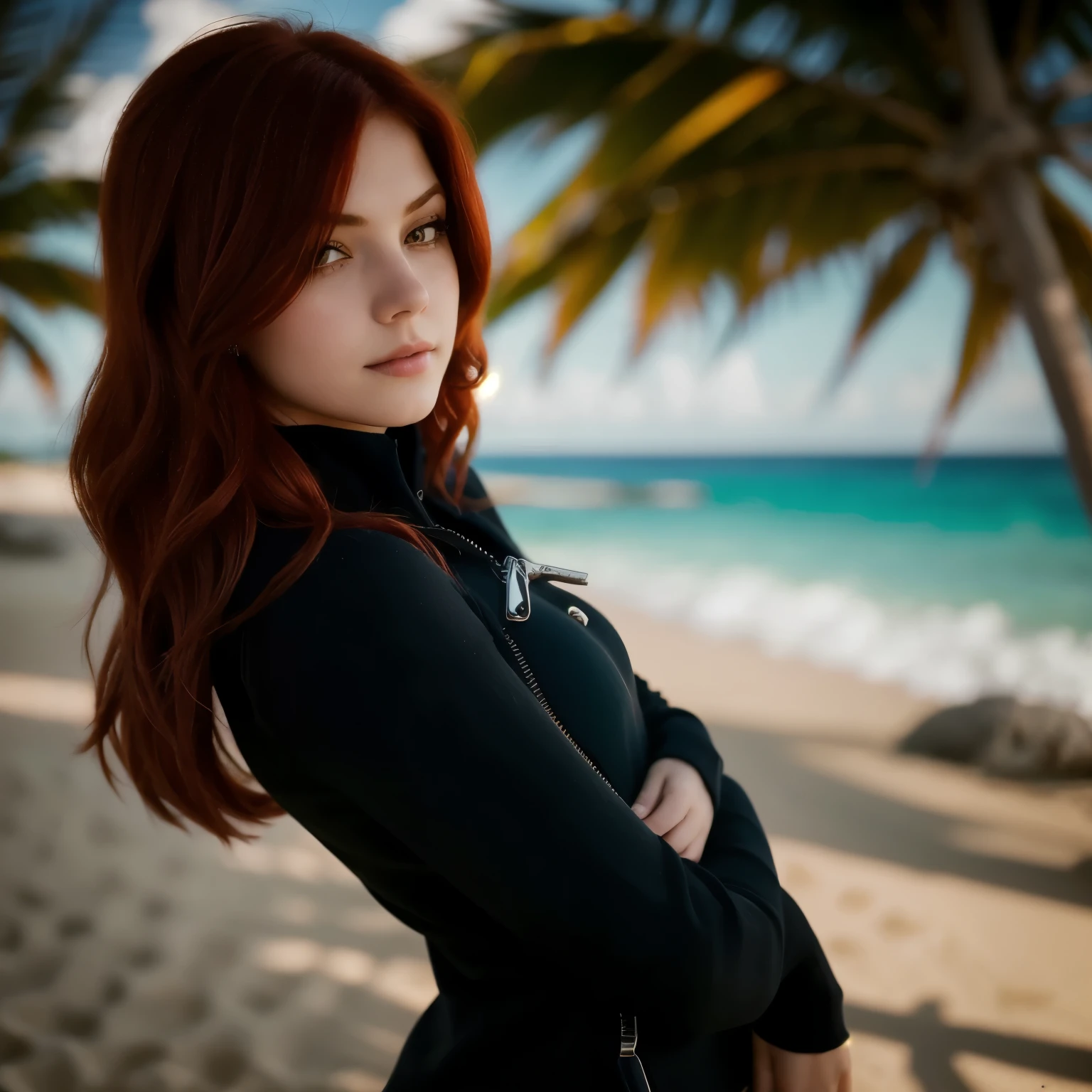 parasoul,, young beautiful girl wearing an unzipped sweater, open sweater, glamourous hair, a fluffy soft butt, warm soft smile, sleepy eyes half closed , depth of field bokeh morning tropical beach (masterpiece) (best quality) (detailed) (8k) (wallpaper) (cinematic lighting) (sharp focus) (intricate),