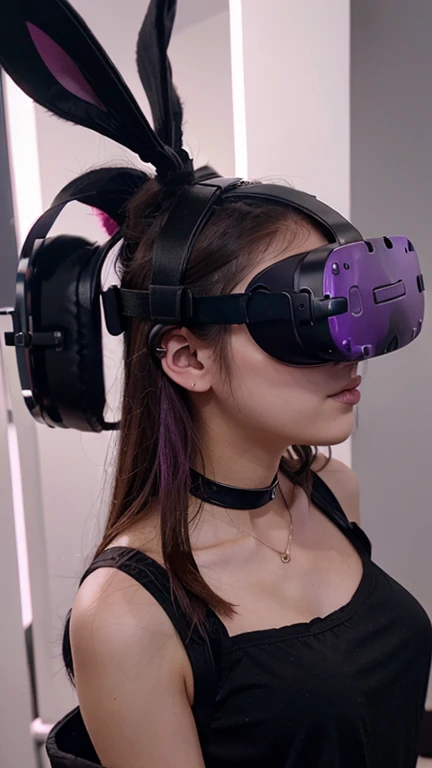 Beautiful girl wearing VR headset、Black VR Headset、Pink and purple rabbit ears