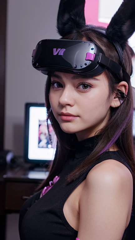 Beautiful girl wearing VR headset、Black VR Headset、Pink and purple rabbit ears