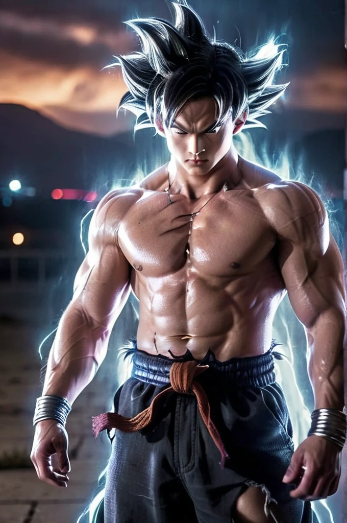 cinematic photo 1boy, aura, male focus, night, black hair, outdoors, ultra instinct, torn clothes, son goku, topless male, looking at viewer, muscular male, abs, spiked hair, closed mouth, pectorals, scar on face, sky, pants, nipples, veins, highly detailed, cinematic, stunning, romantic, elegant, creative, pretty
 . 35mm photograph, film, bokeh, professional, 4k, highly detailed