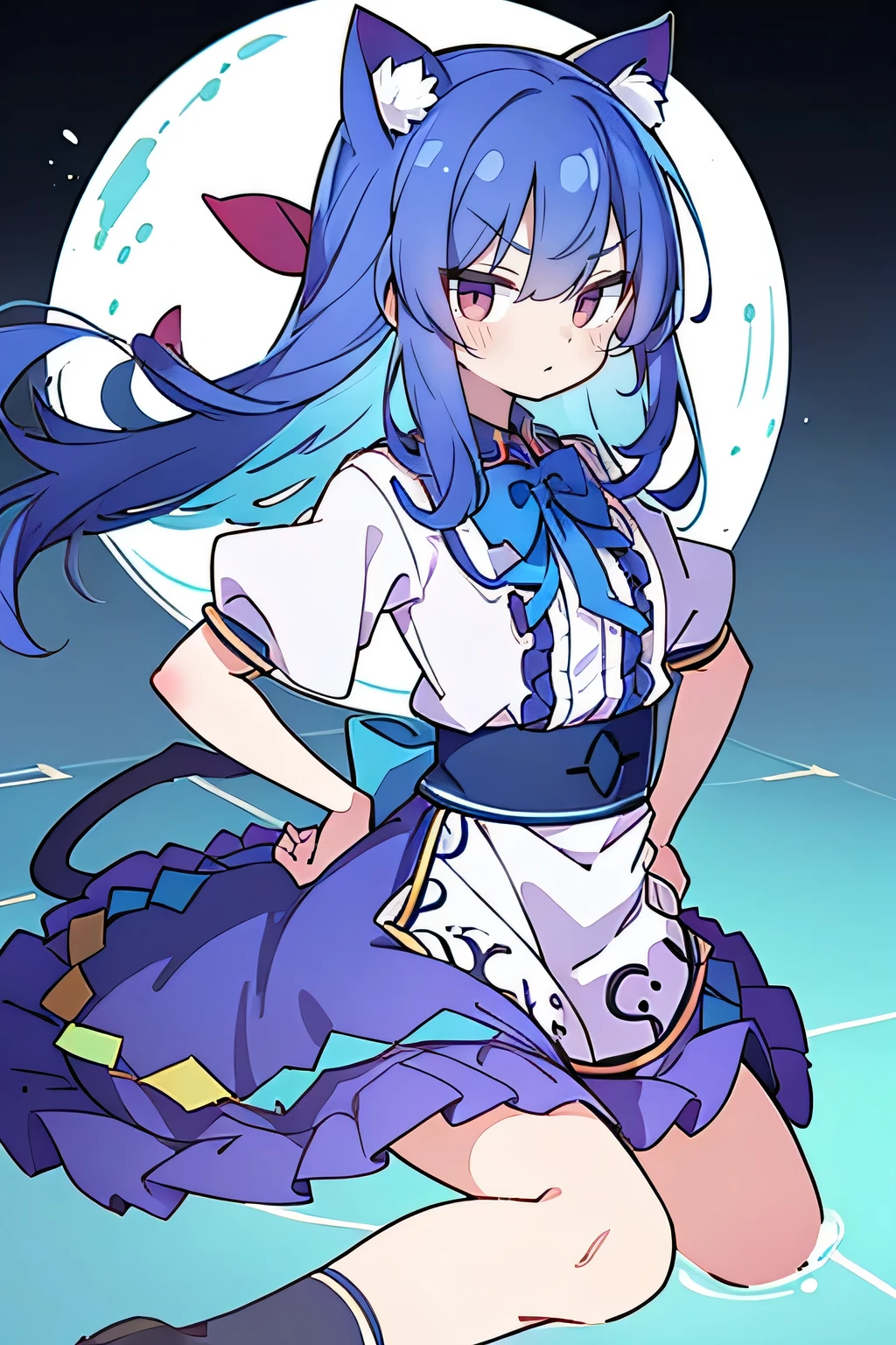 (masterpiece),best quality, expressive eyes, perfect face, 1girl,
 Put your hands on your waist,fair, Gorgeous,Japanese cartoons,girl,lola,Hina Angel, blue hair, blue haired, floating clothes,Grab your waist, Grab your waist, hands on hips , hands on hips,sit, sit on ground, Legs on the ground, flat chest,cat ears,