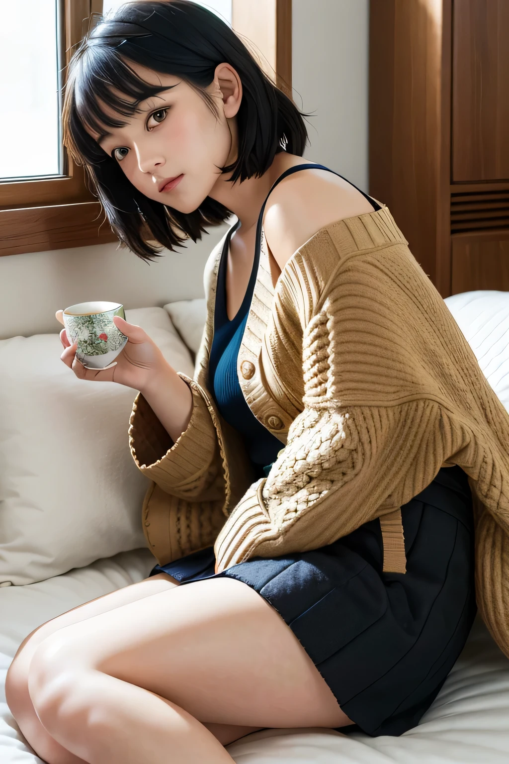 (High Definition),One Girl, Japan Person, Cute, Black Hair Short, wearing Ribbed Knit Drop Shoulder Cardigan, (Flap Pocket Wrap Hem Quilted Skirt:1.2), leaning on cushions at bedroom, spread legs, looking side glance, (A cup of tea:1.2), Natural light:,