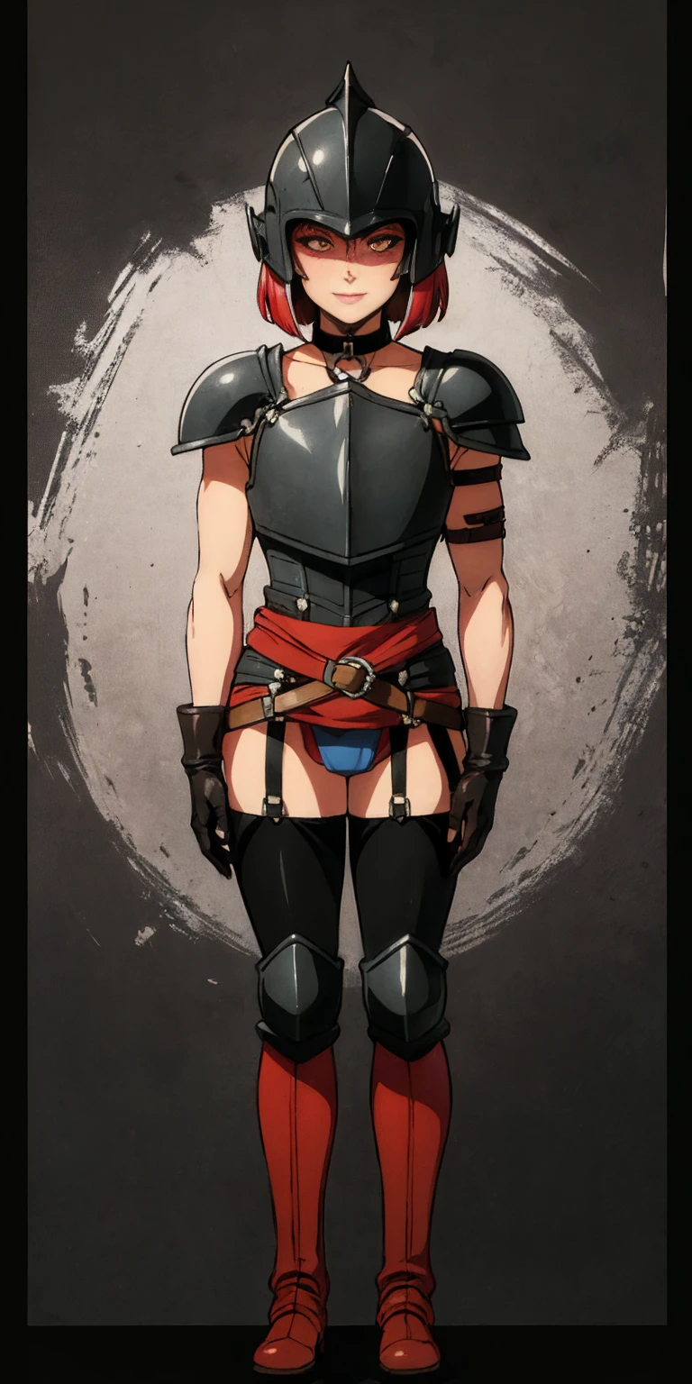 Masterpiece, (flat black background:1.2) solo, detailed face, intricate iris, realistic illustration (looking at viewer:1.2),parted lips, standing straight symmetrical, looking at viewer, lustful smirking smile face red blushed red cheeks, thick thighs, thighhighs, thigh, boots, armor, armored boots, full body armor, bikini armor, big breastplate, pauldron, bracers, leather black choker, tiger claws gloves, short bob white haircut, helmeted, metal shoulders, red long loincloth, longest blue cape reach to the waist, shackles and chains wristbands