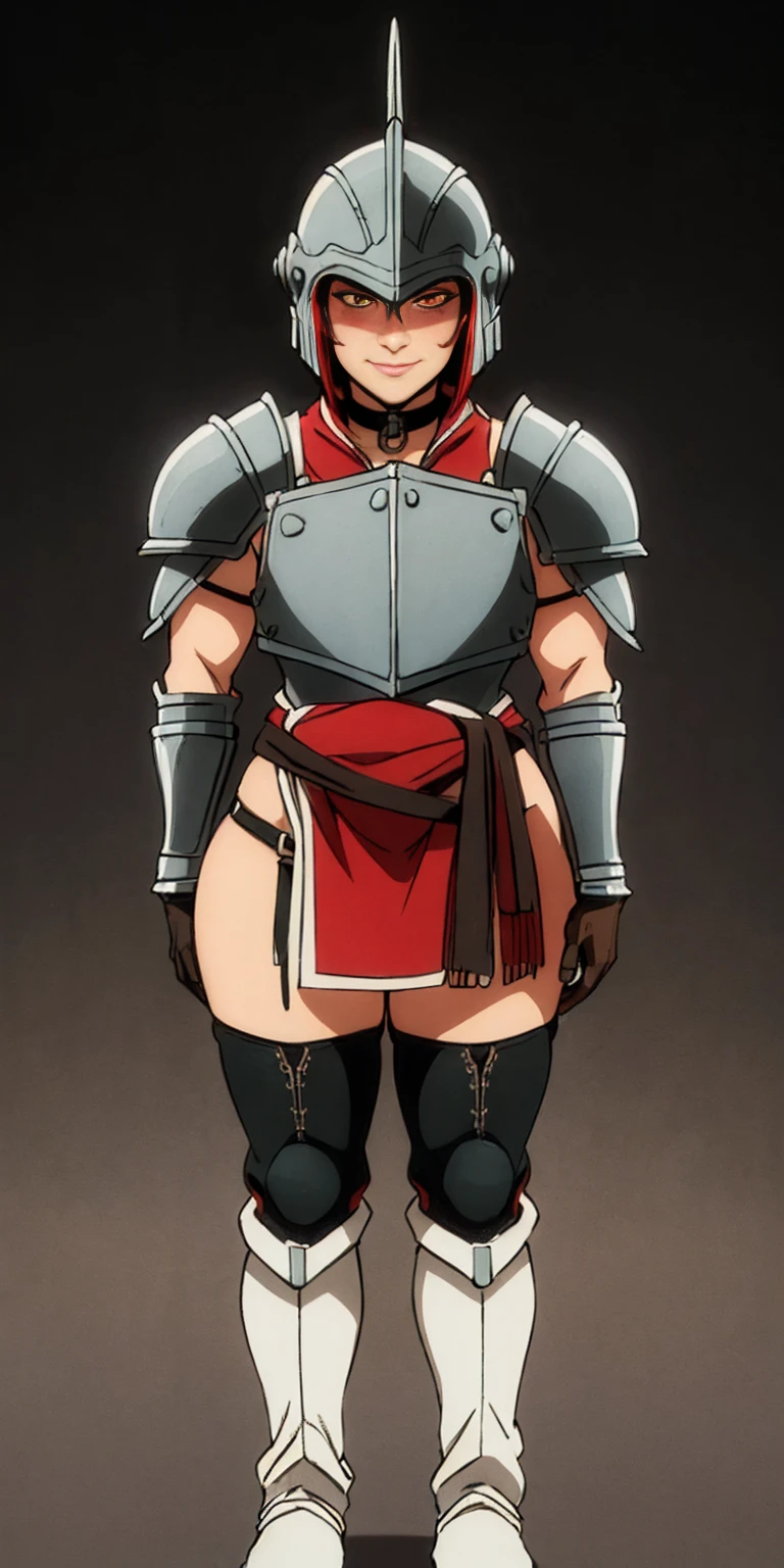 (masterpiece:1.4), (best quality), (detailed), (8k), inzaniak, (solo, 1girl, cowboy shot), forest, boslack eyes:1.2), small breasts, (dark skin:0.8), brown hair, sidelocks, ponytail, completely nude, smiling, looking flustered, half closed eyes, vagina, full body, knightgirl, armor, red scarf, gauntlets, shoulder armor, shin guards, barefoot, open toed footwear, standing