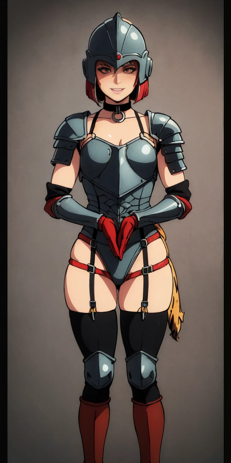 Masterpiece, (flat black background:1.2) solo, detailed face, intricate iris, realistic illustration (looking at viewer:1.2),parted lips, standing straight symmetrical, looking at viewer, lustful smirking smile face red blushed red cheeks, thick thighs, thighhighs, thigh, boots, armor, armored boots, full body armor, bikini armor, big breastplate, pauldron, bracers, leather black choker, tiger claws gloves, short bob white haircut, helmeted, metal shoulders, red long loincloth, longest blue cape reach to the waist, shackles and chains wristbands