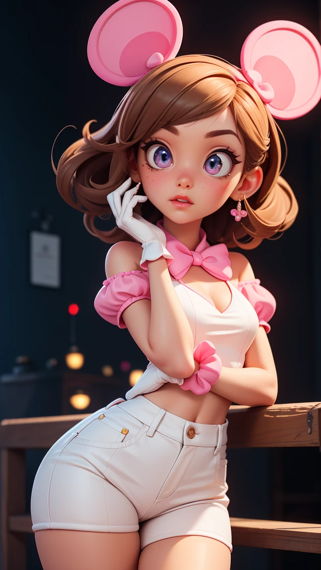 minnie mouse standing, Sexy beautiful face, doe shaped eyes, plump lips. slim, stunning beauty, energetic, Comprehensive movies, 8K, movie lighting, best quality, 4K, Perfect body, Perfect long legs, (white), ((pink clothes)), tiny body, slim, thin waist, long brown hair