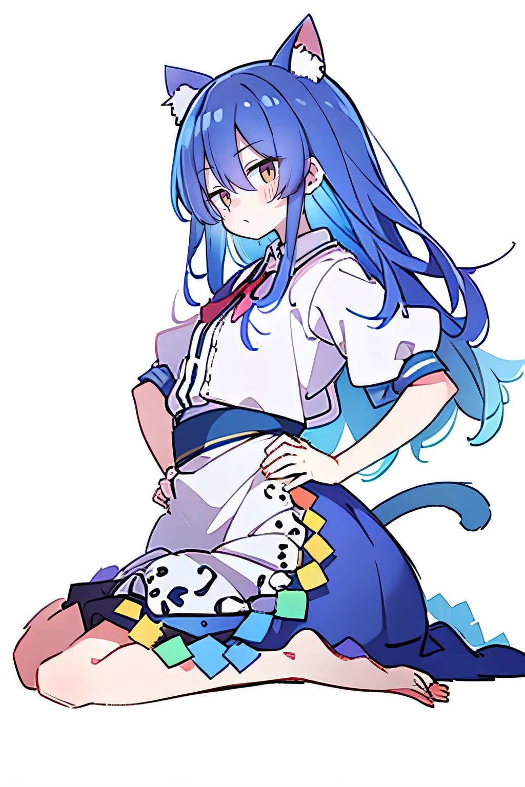 (masterpiece),best quality, expressive eyes, perfect face, 1girl,
Put your hands on your waist,fair, Gorgeous,Japanese cartoons,girl,lola,Hina Angel, blue hair, blue haired, floating clothes,Grab your waist, Grab your waist, hands on hips , hands on hips,sit, sit on ground, Legs on the ground, flat chest,cat ears,