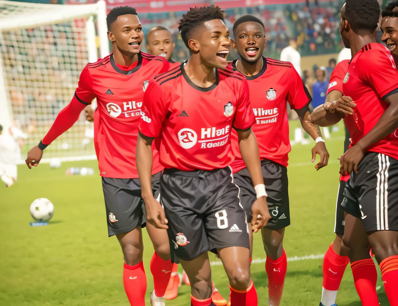 players in red and black uniforms are standing on a soccer field, looking happy, edited, emmanuel shiru, black and red scheme, the atmosphere is cheerful, with a happy expression, vibrant atmosphere, 💣 💥💣 💥, thomas kinkaide, 💣 💥, shining and happy atmosphere, celebrate goal, alphonse muca, black stars, very consistent, vibrant scene