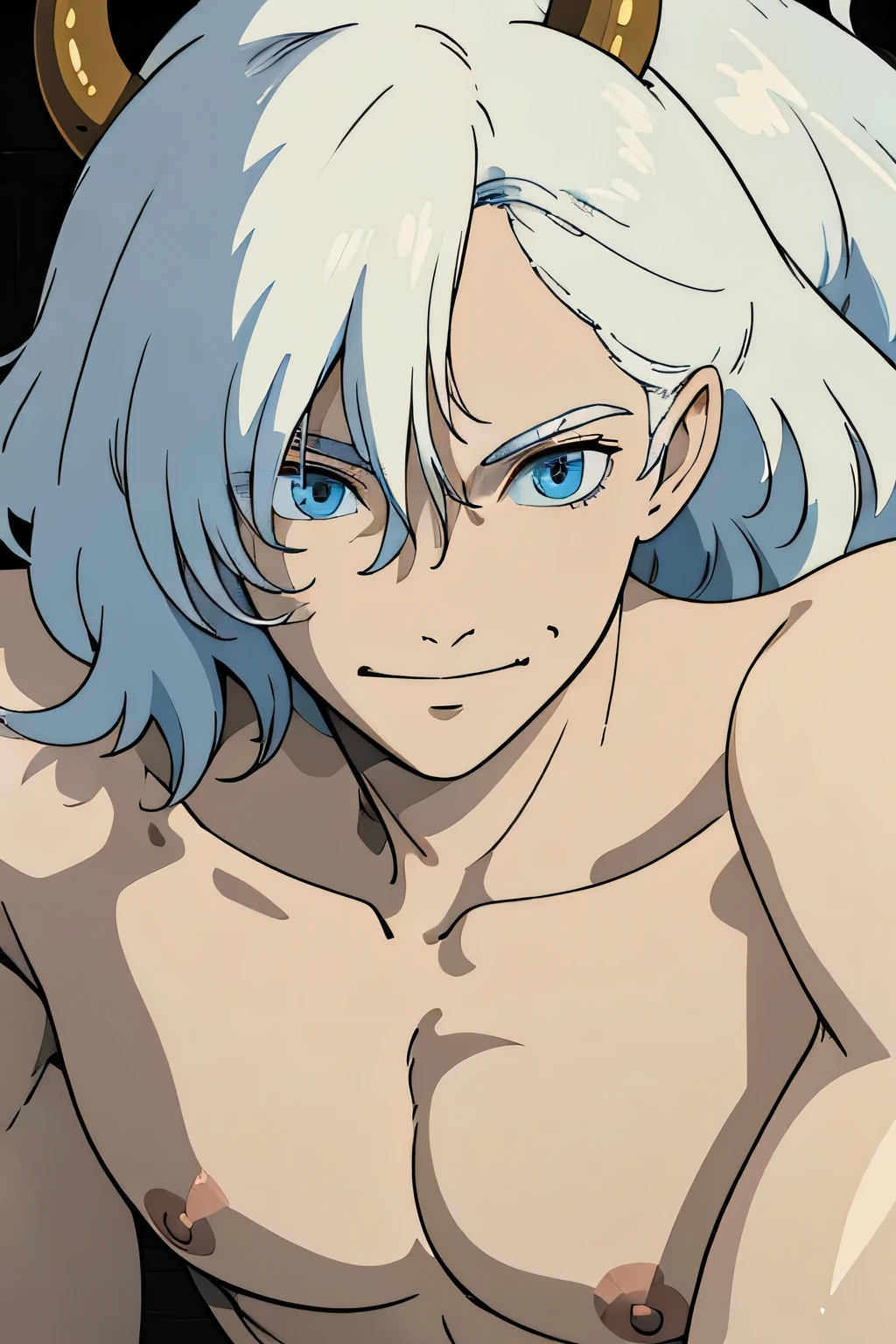 Male, pale Skin, Blue Eyes, adult, close up, white hair, cow ears, bull horns, smirking, naked, wavy