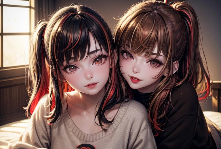 (art), (best quality), (1 girl, 18 years old), (Cinematic light), (High resolution), (((brown_eyes:1.2))), intricate eyes, beautiful detailed eyes, symmetrical eyes, (realistic) , (visible features), (beautiful face), (detailed), (Anatomically correct), (highly detailed face and skin texture), (realistic), (thin eyebrows), (eyeliner), (natural cheeks), (skin blonde), (bright lips), red lips), (wide smile), sunlight, shine, (multicolored hair:1.3), medium hair, bangs, ponytail, medium hair, (girl hugging stuffed animal, outfit, (cute sweatshirt) black shorts), (looking at viewer), (photorealistic: 1.37), (extremely detailed 8k CG unit), post-processing, beautiful room, full of stuffed animals.