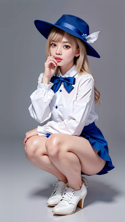 uekura, 1 girl, blonde hair, white background, have, dress, 青いshoes, wing, simple background, sign, flower, nail polish, wide sleeve, long sleeve, blush, animal, white flower, alone, full body, bird, looking at the viewer, high heels, put your hand on your cheek, put your hand on your face, frills, bow, bangs, ribbon, bell, blue hat, +_+, shoes下, short hair, gray eyes, shoes, blue nails, feathered wing, blue bow