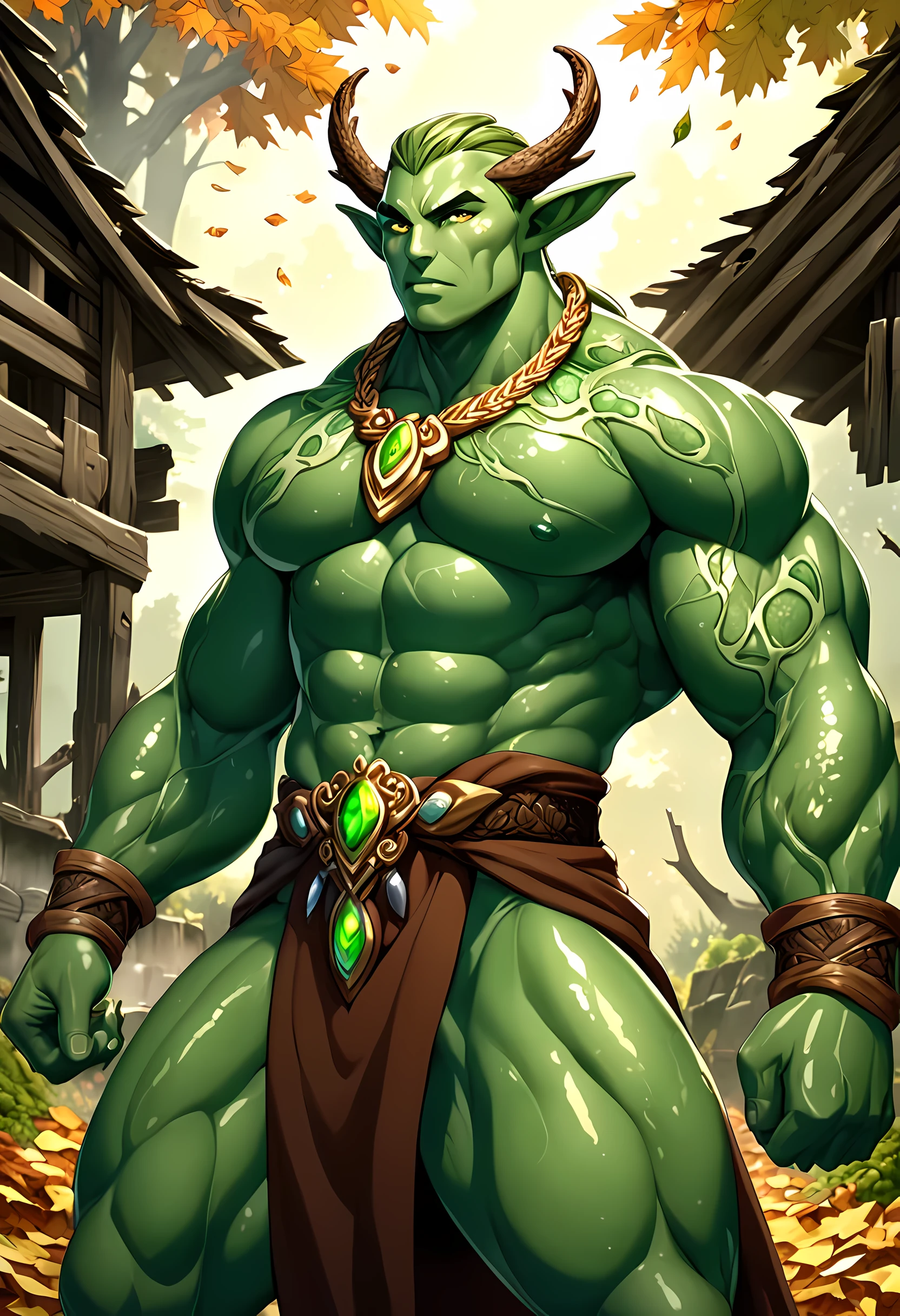 (((intricate design))) (((top quality))) (((16K))) (((High Definition))) 16K splash art, dark shadows, (((photorealistic))) high-res, ultra sharp, ((masterpiece)), the best quality, expressive eyes, perfect face, (((druid outfit))) Super eyes, perfectly detailed anatomy (((Volumetric lighting))) (((cinematic lights))) (((1Male))) (((Bodybuilder))), (((muscular))), (((body blushing))) (((big pecs))) (((bulge))) there is a sexy mature man with green paint on his body, slick shaved sides hairstyle, ((thighs)) bodily fluids, round butt, green coloured skin, green skin! (((green coloured skin!!))), (((green skin))). (((green-skinned))), (((mesh robes))) ((green skin with scales)), ((green skin)), windy, (((abandoned village background))), (((greenish skin))) plantation on the male body, windy, leaves falling (((a powerful nature deity))), elf ears, druid magic, swirling magic, cell-shaded adult animation, gem necklace, hot reptile muscular humanoid man, muscular green body. Hazel eyes, glowing veins, nature spirit, long sash,
