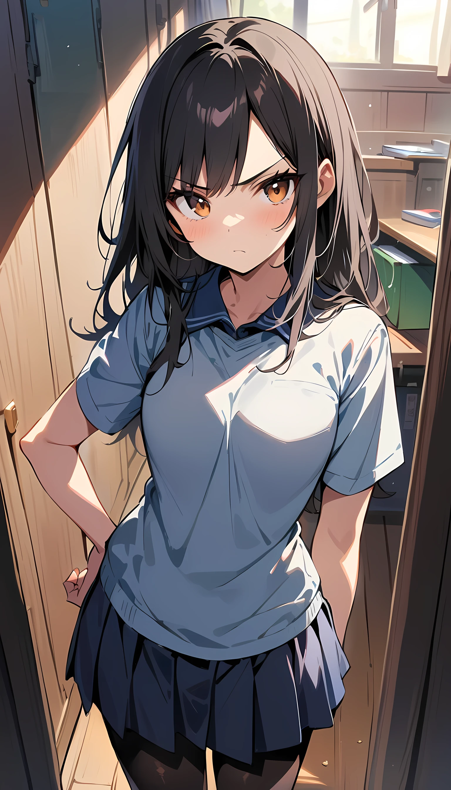 Best quality, masterpiece,1girl, black long hair, brown eyes, school clothes, black pantyhose, serious expression:0.7,
