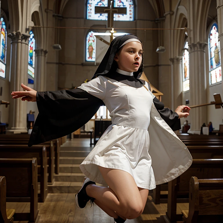 12 year old  dressed in very short nun costume jumping in church 