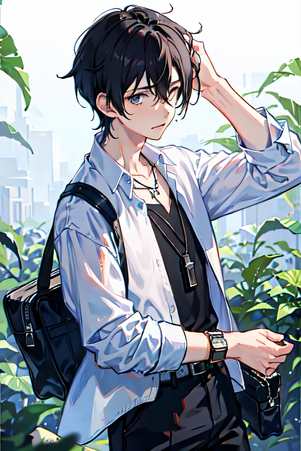 1boy, apple, bag, bangs, berry, black hair, black shirt, blue eyes, hair between eyes, jewelry, leaf, looking at viewer, male focus, necklace, pants, shirt, solo, watch, white pants, wristwatch, messy hair, trending on artstation, 8k resolution, highly detailed, anatomically correct, sharp image, digital painting, concept art, trending on pixiv, style of makoto shinkai,