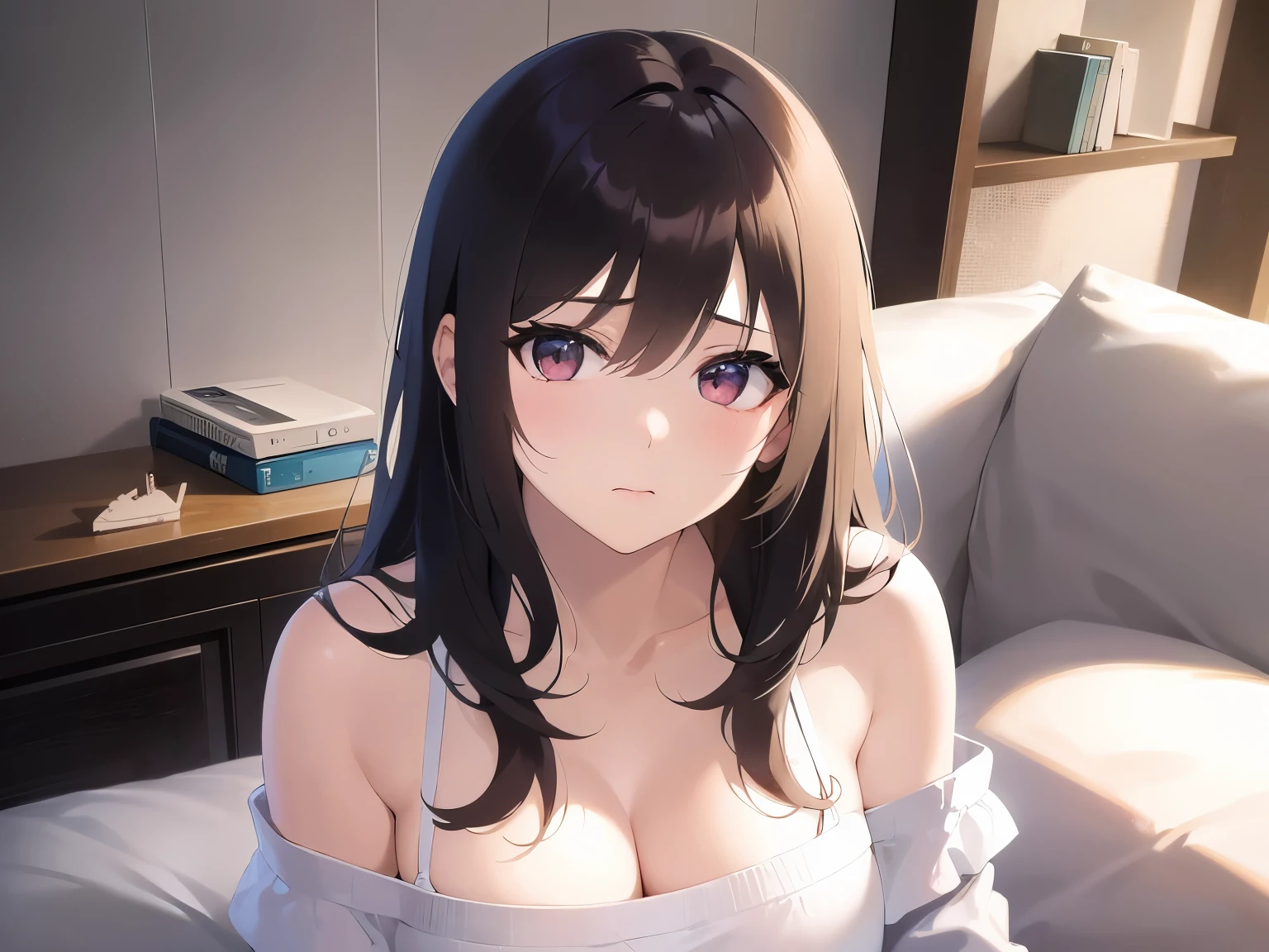 Upper Body, Realistic, real person, RAW photo, photorealistic, portrait photography, shiny skin, japanese idol、(A 25-year-old woman with light chestnut-colored bangs) and (medium hair) and (pink eyes), Wearing a white off-the-shoulder blouse、wearing a gray skirt、cleavage is visible、(sad:1.2), blush, The background is the living room、Alone、Staring,