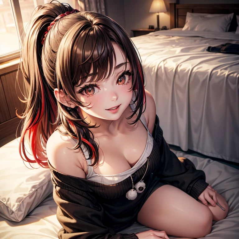 (art), (best quality), ((1 girl, )), (Cinematic light), (High resolution), (((brown_eyes:1.2))), intricate eyes, beautiful detailed eyes, symmetrical eyes, (realistic) , (visible features), (beautiful face), (detailed), (Anatomically correct), (highly detailed face and skin texture), (realistic), (thin eyebrows), (eyeliner), (natural cheeks), (skin blonde), (bright lips), red lips), (wide smile), sunlight, shine, (multicolored hair:1.3), medium hair, bangs, ponytail, medium hair, (girl hugging stuffed animal, outfit, (cute sweatshirt) black shorts), (looking at viewer), (photorealistic: 1.37), (extremely detailed 8k CG unit), post-processing, beautiful room, full of stuffed animals.