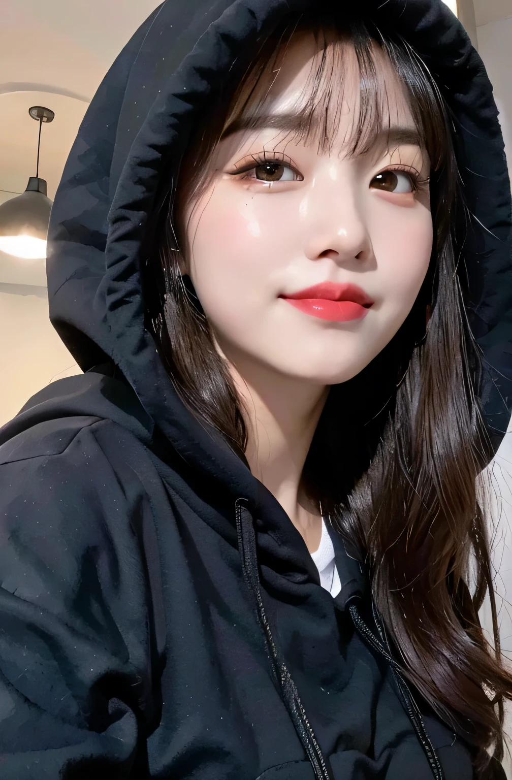 (8K), (highest quality: 1.2), (realistic), (realistic: 1.37), ultra high resolution, 1 girl, cute, smile, (black eyes:1.1),closed mouth, Slightly thick lips,red lipstick,beautiful details, beautiful nose, (Shiny straight black hair), giant dulcefo, pork, thighs,University Student Uniform,(Plain black oversized hoodie),(Wearing a large hood),Grape pleated skirt,opaque tights,(from the front),(close up on face:1.2),night