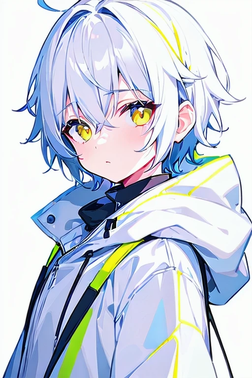 [(WHITE BACKGROUND:1.5),::5], ((((masterpiece)))), high quality, ultra_very_high_resolution, large_filesize, full color, (((solo))), (()), ((((white color short hair)))), yellow eyes, anime, upper body, neon light, black parka,