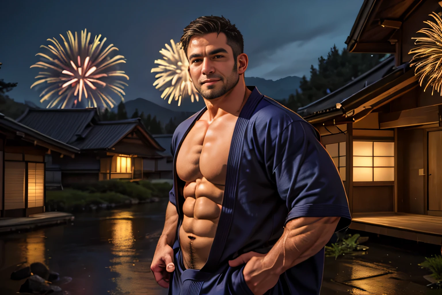 cowboy shot, bulgeJ8, portrait of TakumaKarate on the street at night, (smirk:0.8), open male kimono attire revealing his pectorals and abs, (large bulge) on his kimono pants, (looking at viewer:1.3), traditional japanese houses, festive decorations, (lanterns:0.8), night sky, (fireworks:1.05), rural,
(masterpiece), top quality, best quality, photorealistic, hyperrealism, (absurdres), sharp focus, subsurface scattering, intricate details, high quality, ultra high res, 8k, UHD, HDR, DSLR shot, 35mm, professional photography, RAW
