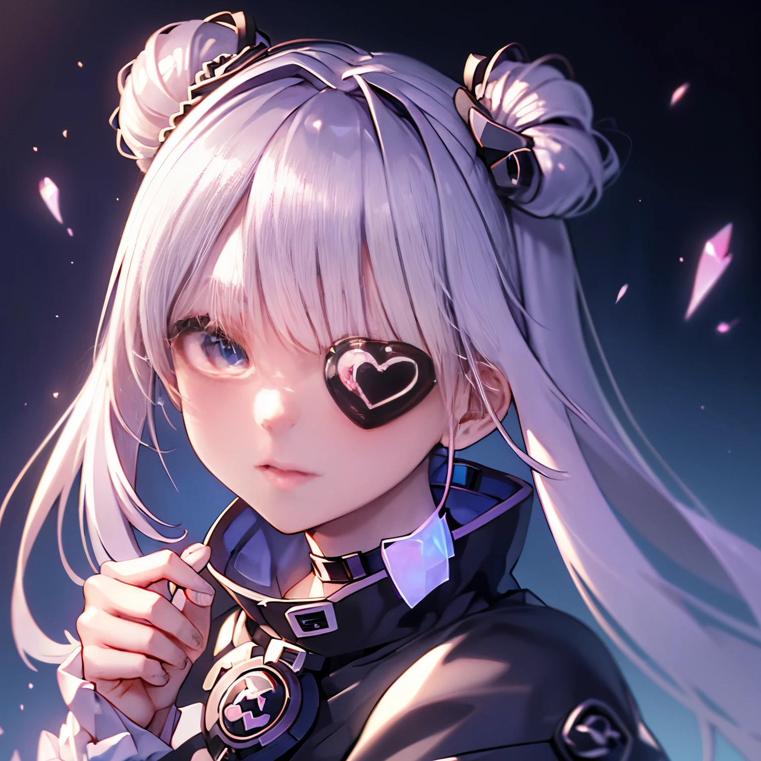 ((1 girl))、Super detailed、very detailed、Roses、super transparent、聖なるOptics、美しいスペクトルOptics、shining petals、shimmering dark background、透明なOptics滴、反射Optics、发Optics、Opticsのストリーミング、Opticss、portrait silhouette、sharp focuagic、Complex、surreal、fantasy、Configure、Optics、art station trends、pearl、Guardian Saint Cloud Silver Vapor、Corrosion Surround Ray Family、8K、Real AR23v4 upright、Beautiful woman、heart shaped choker、Pink twin-tailed hairstyle、look at the viewer、eyepatch